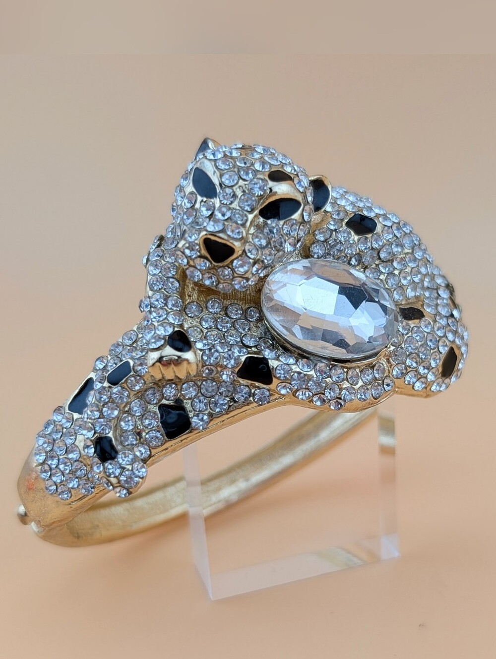 Vintage Gold Rhinestone Panther Leopard Clamper Hinged Bangle Bracelet
